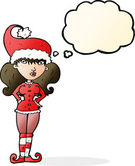 cartoon santa's helper woman with thought bubble