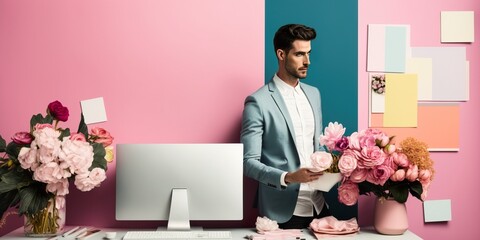 Handsome man in business suit at his desk in his pink office at laptop with fresh beautiful flower bouquets. Pleasant working environment. Generative AI.