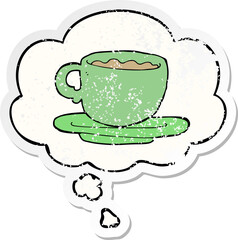 cartoon cup of tea and thought bubble as a distressed worn sticker