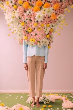 Abstract retro portrait of a faceless woman who has body costume of Spring, a huge bouquet of fresh flowers that she get from her man. Vintage pastel pink, Generative AI.