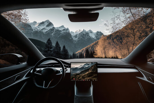 Mountain view from the interior of an electric vehicle &mdash; Generative AI