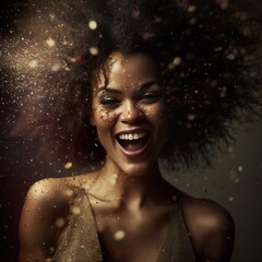 A young girl in love at a party, having crazy fun, dancing surrounded by confetti. Beautiful woman enjoy every moment, a smile on her face. Generative AI.