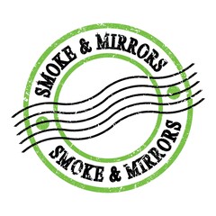 SMOKE & MIRRORS, text on green-black grungy postal stamp.