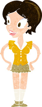 cartoon happy woman in short skirt