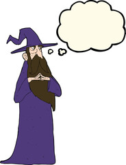 cartoon old wizard with thought bubble