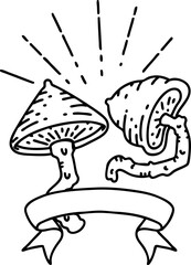 banner with black line work tattoo style mushrooms