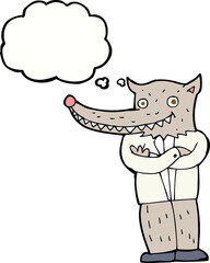cartoon wolf man with thought bubble