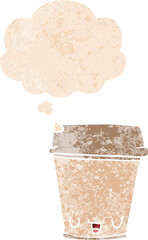 cartoon coffee cup and thought bubble in retro textured style