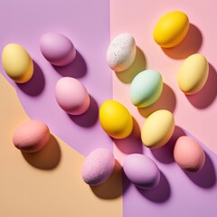 Pastel colorful Easter flat lay of painted, decorated eggs. Spring background. Pink and vivid colors. Holiday concept. Generative AI.