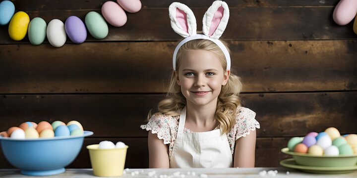Joyful smiling little girl enjoying Easter holidays, painted, decorated eggs and bunny ears. Spring in a warm family home. Generative AI.