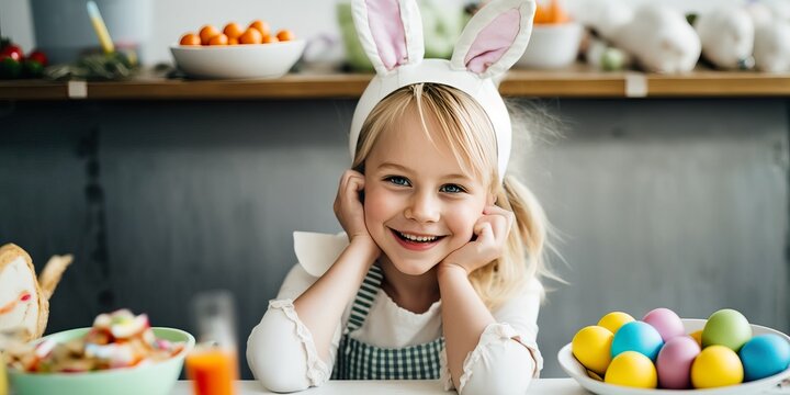 Joyful smiling little girl enjoying Easter holidays, painted, decorated eggs and bunny ears. Spring in a warm family home. Generative AI.