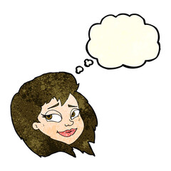 cartoon happy female face with thought bubble