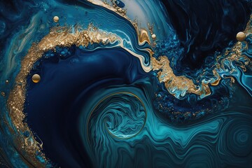 Abstract ocean, marble swirls, blue paint with gold powder. AI