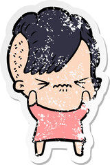 distressed sticker of a cartoon annoyed hipster girl