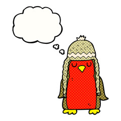 thought bubble cartoon robin wearing winter hat
