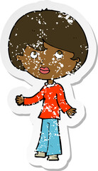 retro distressed sticker of a cartoon woman thinking