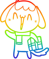 rainbow gradient line drawing cute cartoon dog with christmas present