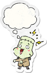 cartoon undead monster man and thought bubble as a distressed worn sticker
