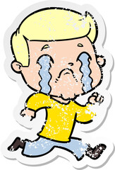 distressed sticker of a cartoon man crying