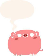cute cartoon pig and speech bubble in retro style