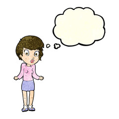 cartoon woman shrugging shoulders with thought bubble
