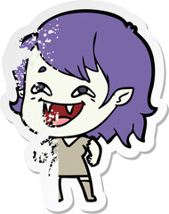distressed sticker of a cartoon laughing vampire girl
