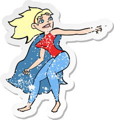 retro distressed sticker of a cartoon superhero woman pointing