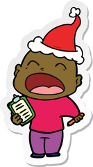 sticker cartoon of a shouting bald man wearing santa hat