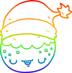 rainbow gradient line drawing cartoon christmas pudding wearing santa hat