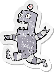 retro distressed sticker of a cartoon terrified robot
