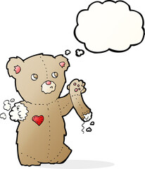 cartoon teddy bear with torn arm with thought bubble