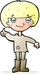 cartoon boy in poor clothing giving thumbs up symbol