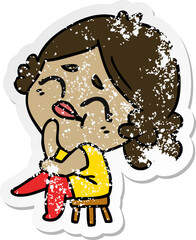distressed sticker cartoon of a kawaii woman