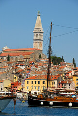 Colorful Rovinj in Istria with boats in the port, Croatia