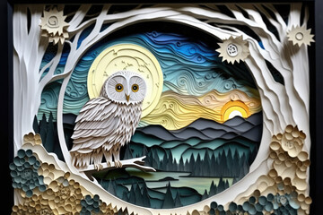 Paper Quilling Mystical Scenic with a Owl Background - Paper Quilling Wallpaper Series - Paper Owl Background created with Generative AI technology