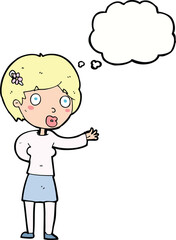 cartoon waving woman with thought bubble