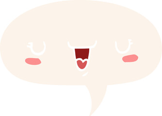 cute happy face cartoon and speech bubble in retro style