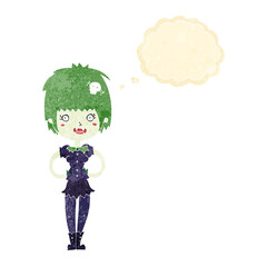 cartoon happy vampire girl with thought bubble