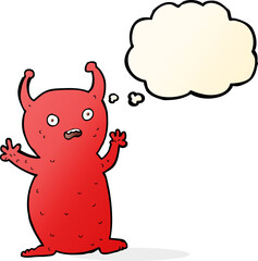 cartoon funny little alien with thought bubble