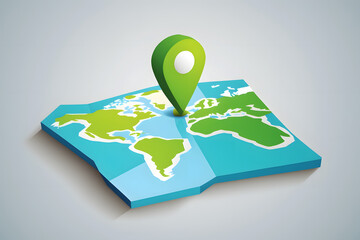 World map with green map marker, plain background, clip art 3d illustration