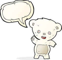 cartoon waving polar bear with speech bubble
