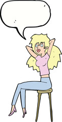 cartoon woman posing on stool with speech bubble