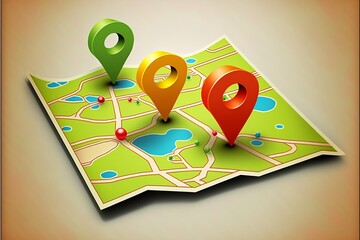 Generic city map with green yellow red map marker, plain background, clip art 3d illustration