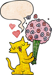 cartoon cat in love and flowers and speech bubble in retro texture style