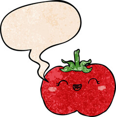 cartoon tomato and speech bubble in retro texture style