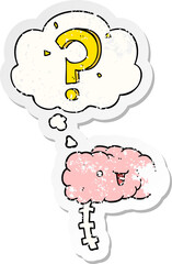 cartoon curious brain and thought bubble as a distressed worn sticker