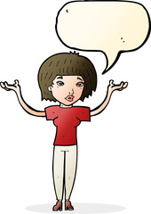 cartoon woman shrugging shoulders with speech bubble