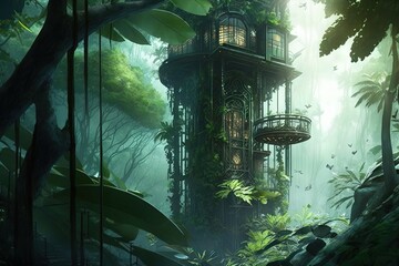 Glass elevator in a fantastic forest. AI.