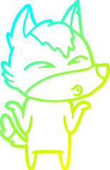 cold gradient line drawing cartoon wolf shrugging shoulders