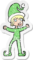 retro distressed sticker of a cartoon excited christmas elf